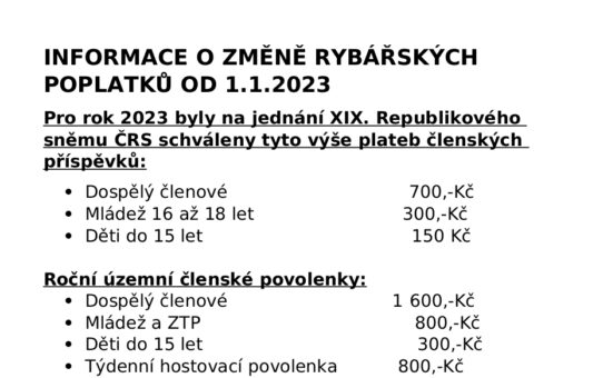 INFORMACE O ZMĚNĚ RYBÁŘSKÝCH POPLATKŮ OD 1.1.2023